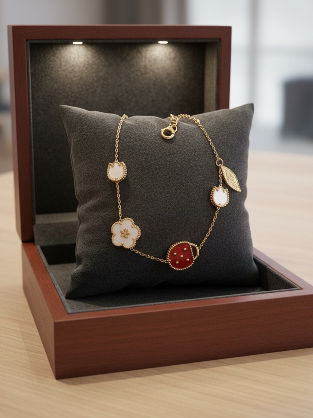 Elegant Gold Chain Bracelet with White Flower and Red Accent